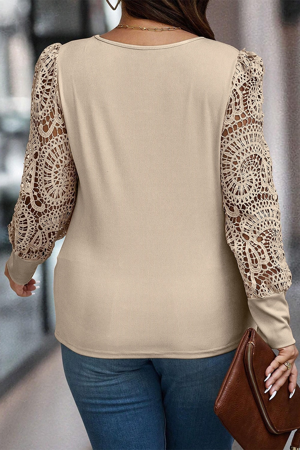 Openwork Scoop Neck Long Sleeve Blouse